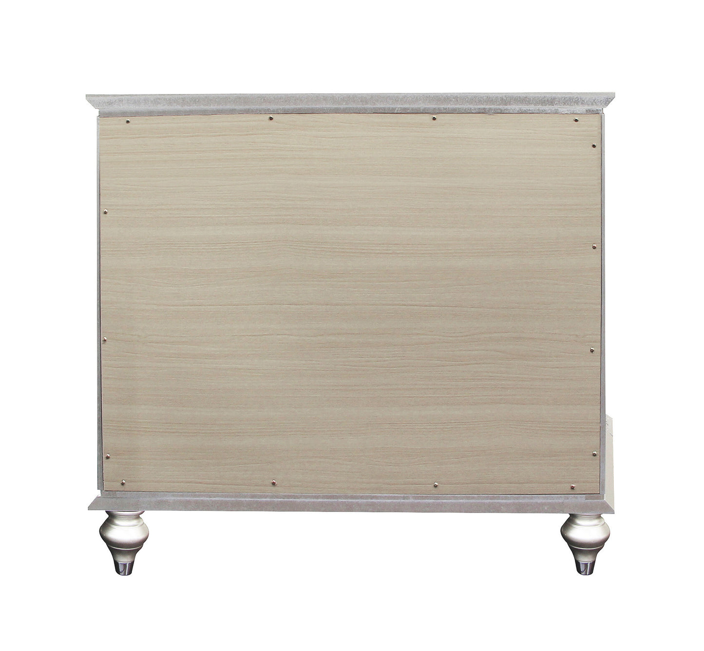 Back view of a light wood grain cabinet with decorative silver legs