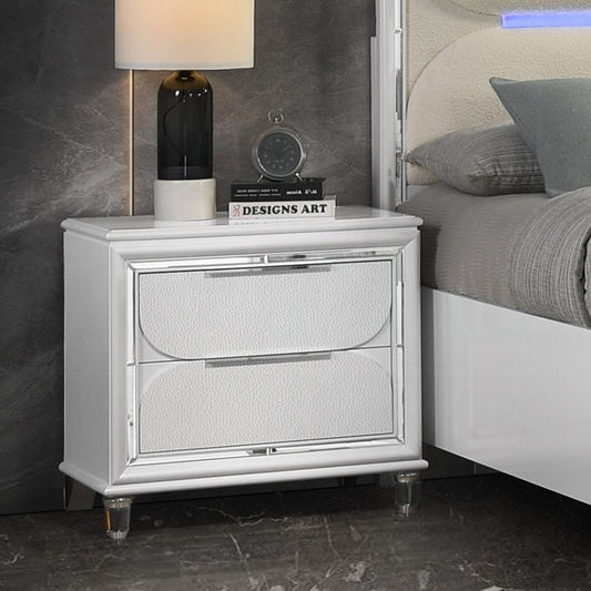 White modern nightstand with two textured drawers and silver trim accents