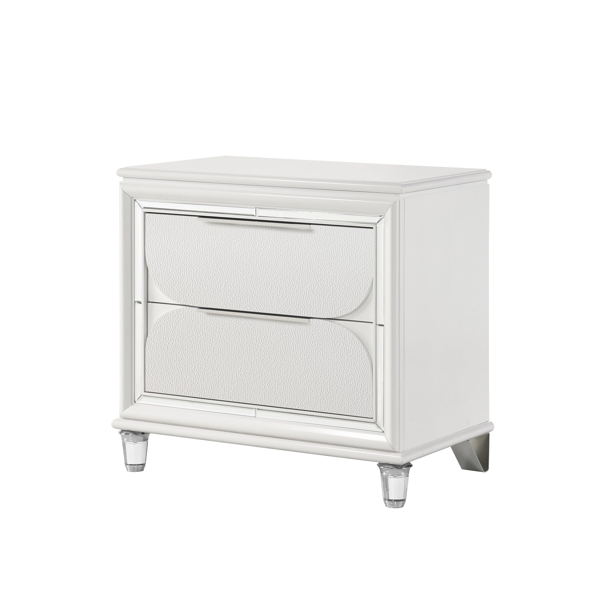White leatherlook nightstand with two curved drawers and crystal legs