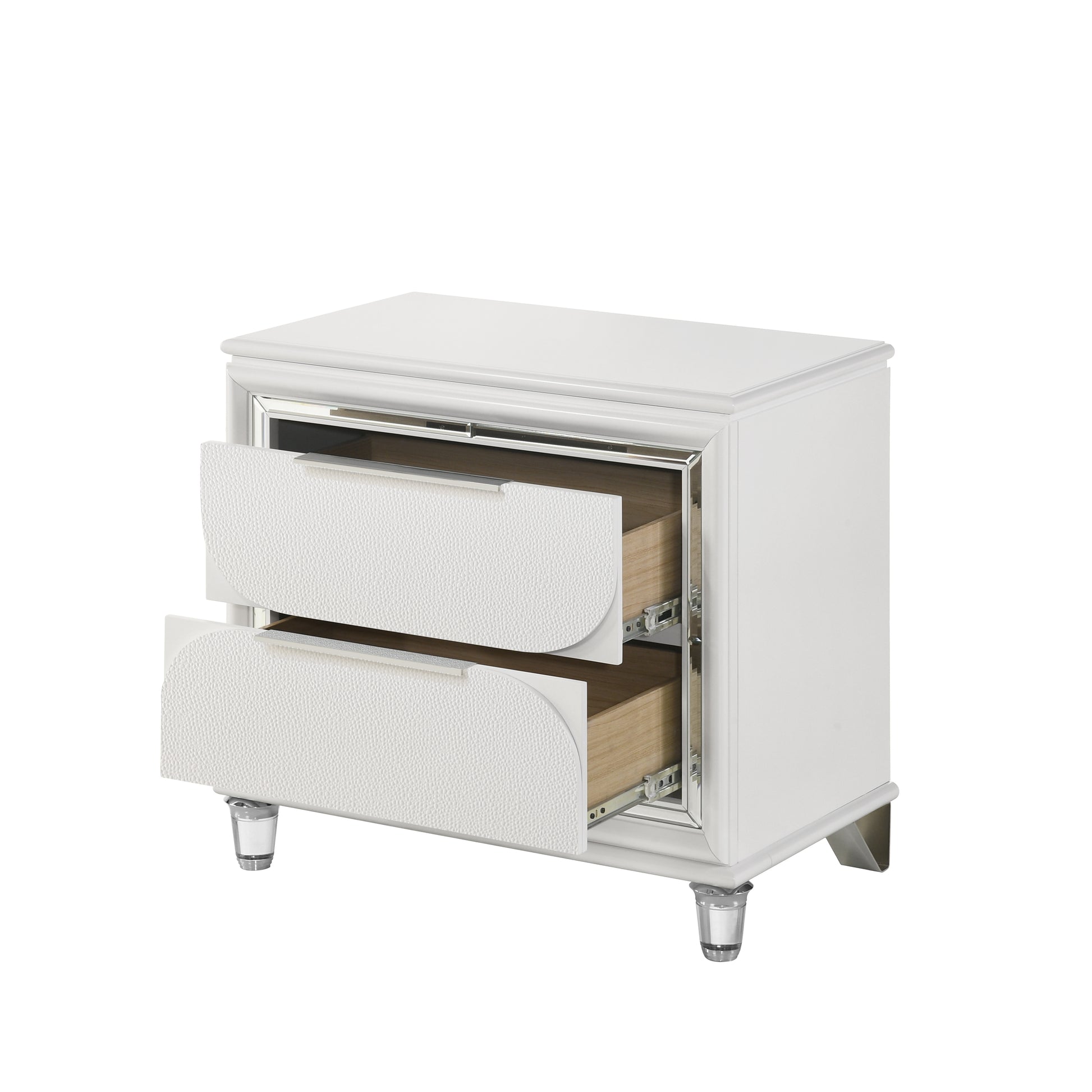 White textured nightstand with open drawers and crystal legs