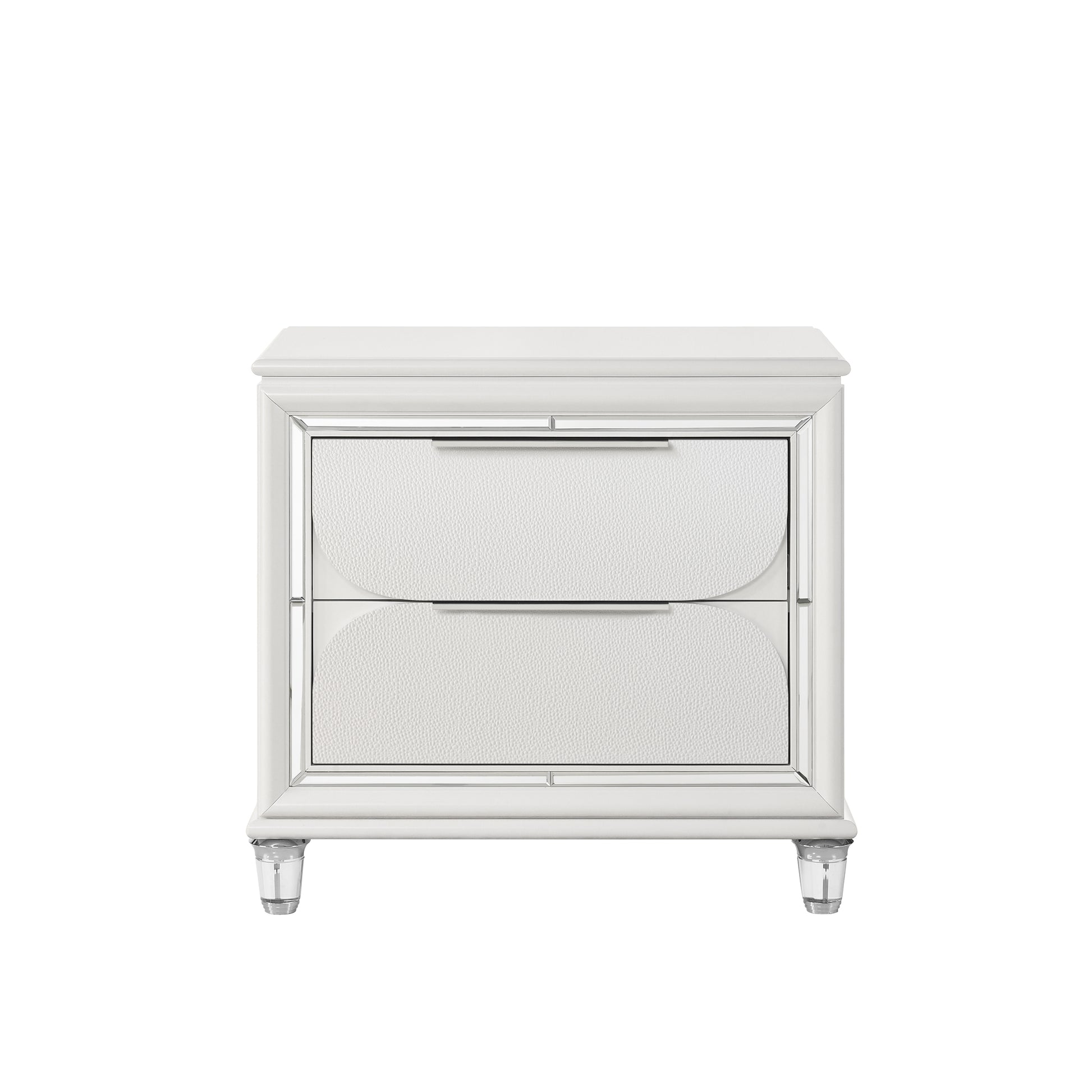 White modern nightstand with two textured drawers and crystal legs