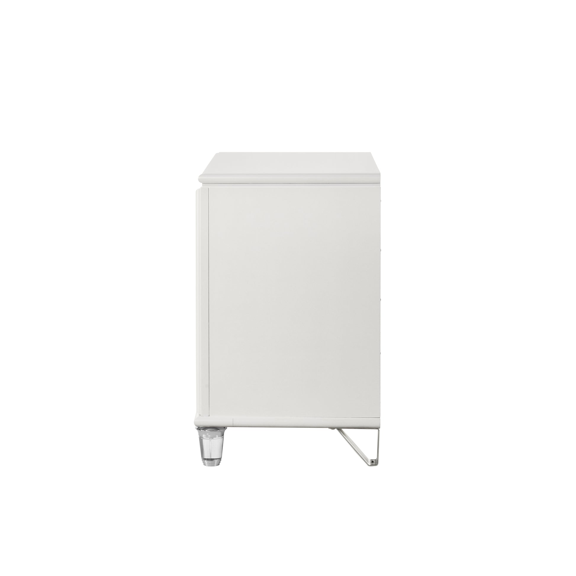 White modern dresser with clear acrylic legs and silver metal supports