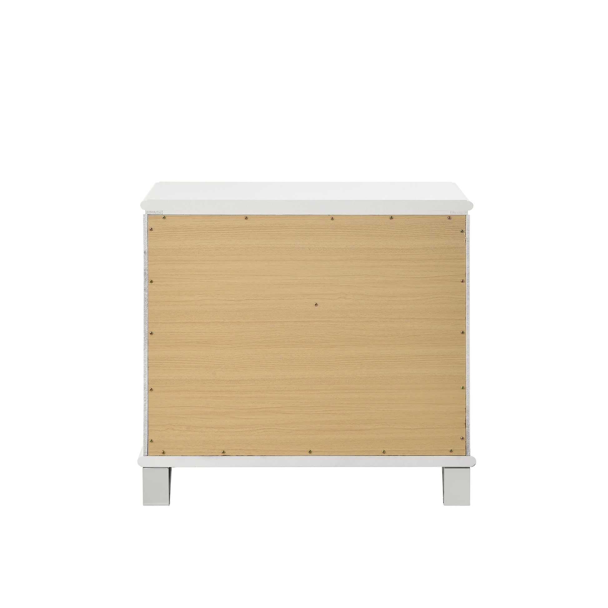 Back view of a white and wood grain nightstand with silver legs