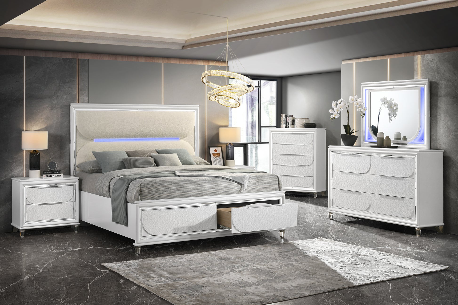 Modern white bedroom set with king size bed nightstand dresser and chest