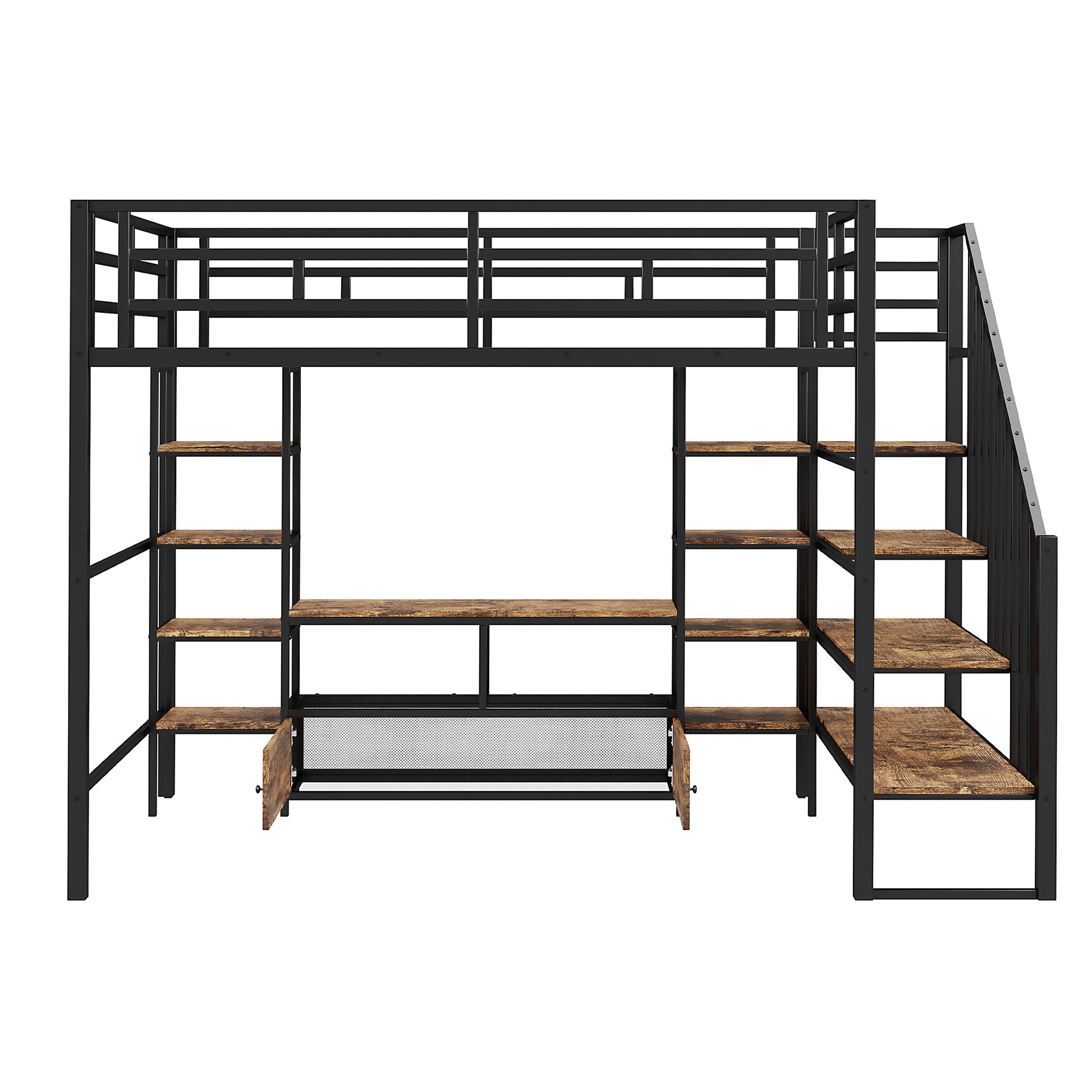 Black metal loft bed with wooden shelves and integrated desk for spacesaving bedroom solution