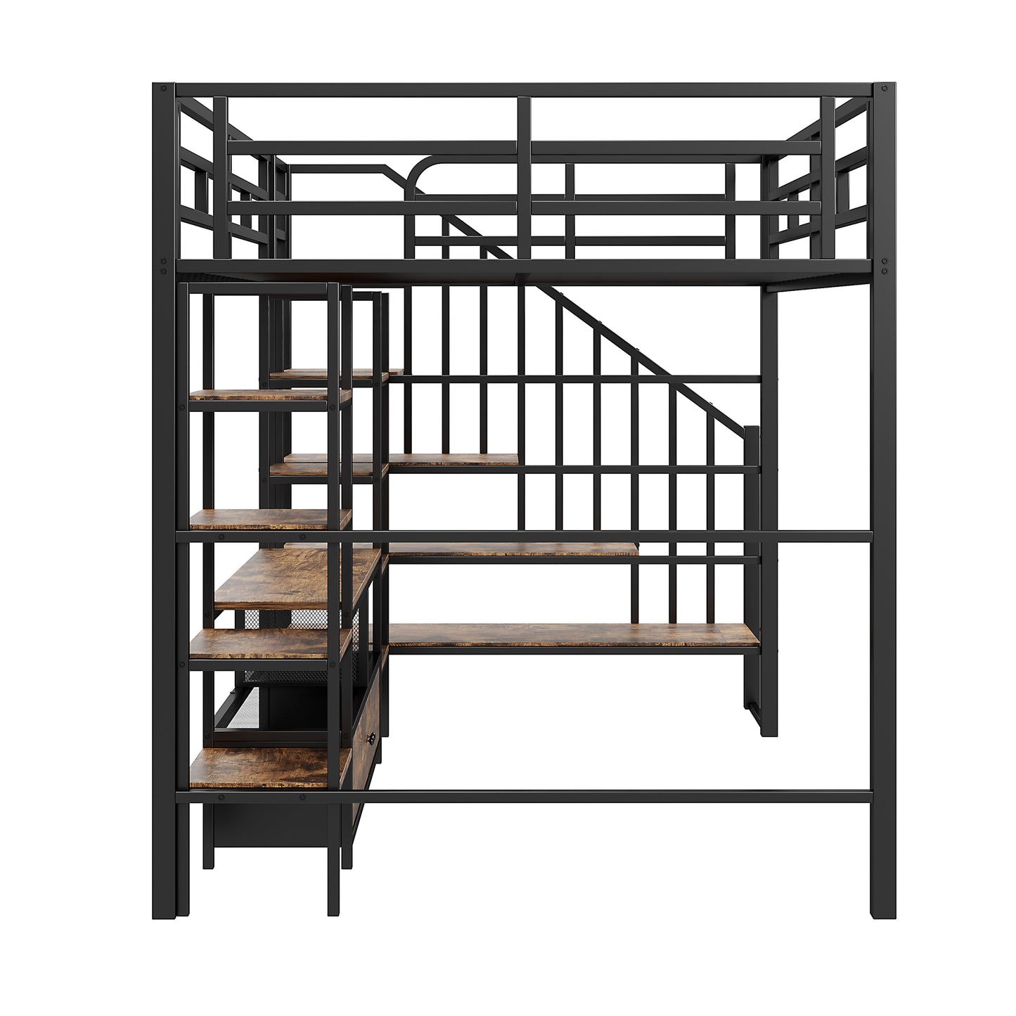 Black metal loft bed with integrated stairs and shelving rustic wood finish