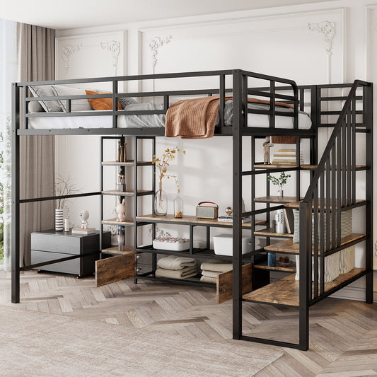 Black metal loft bed with integrated shelves and stairs suitable for small spaces