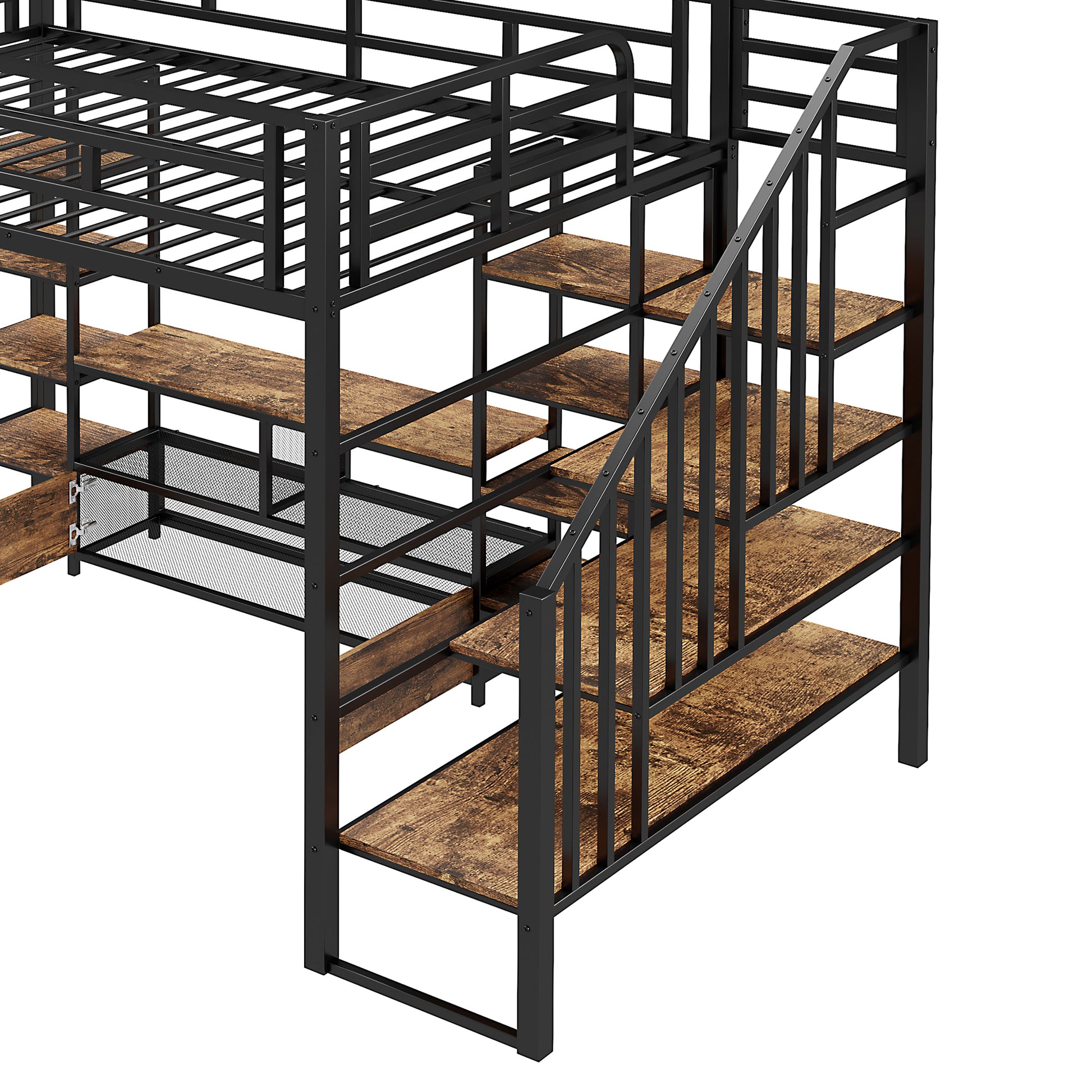 Black metal loft bed with woodgrain shelves and stairs for children