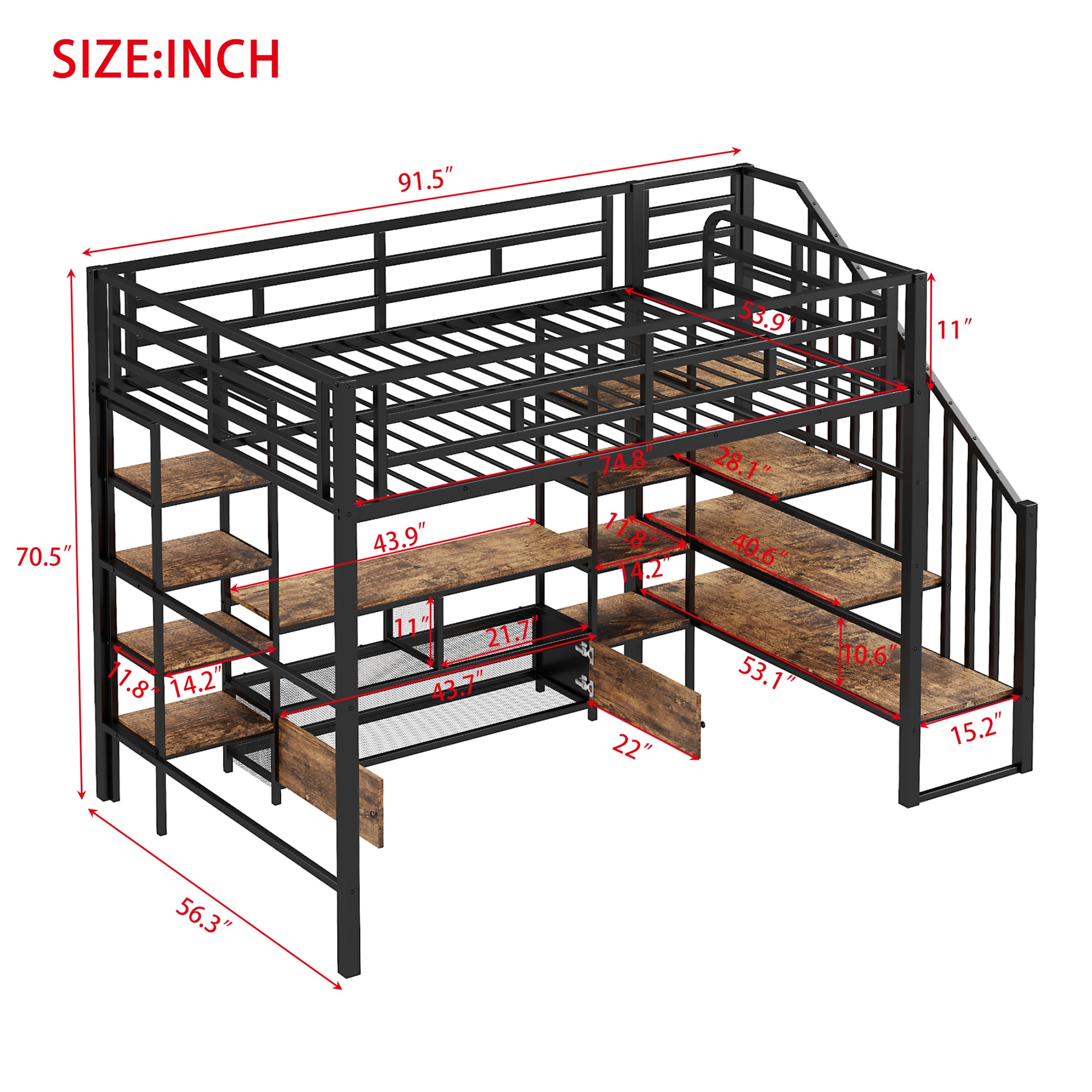 Black metal loft bed with wood shelves and integrated desk