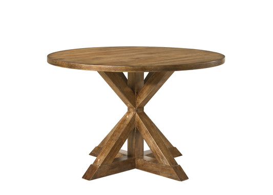 Rustic round wooden dining table with a unique crisscross base