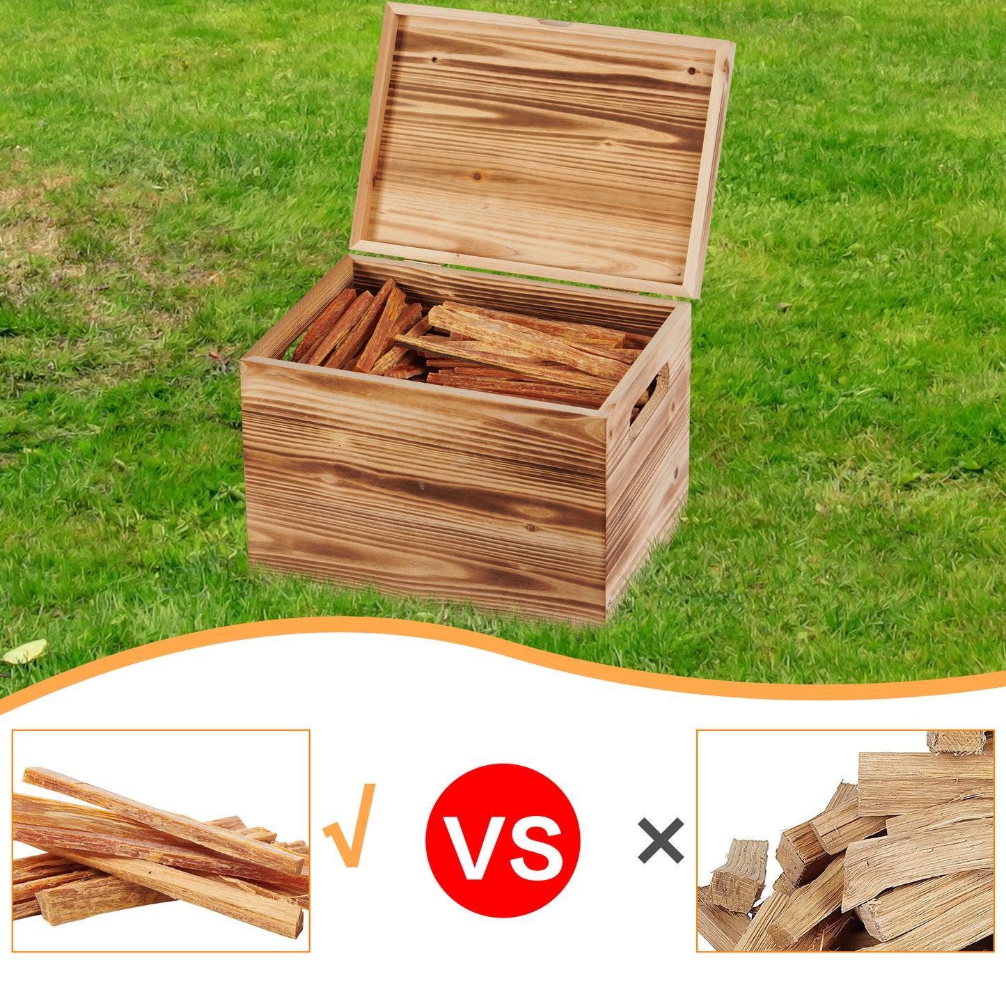 Wooden storage box filled with kindling sticks for campfire starter