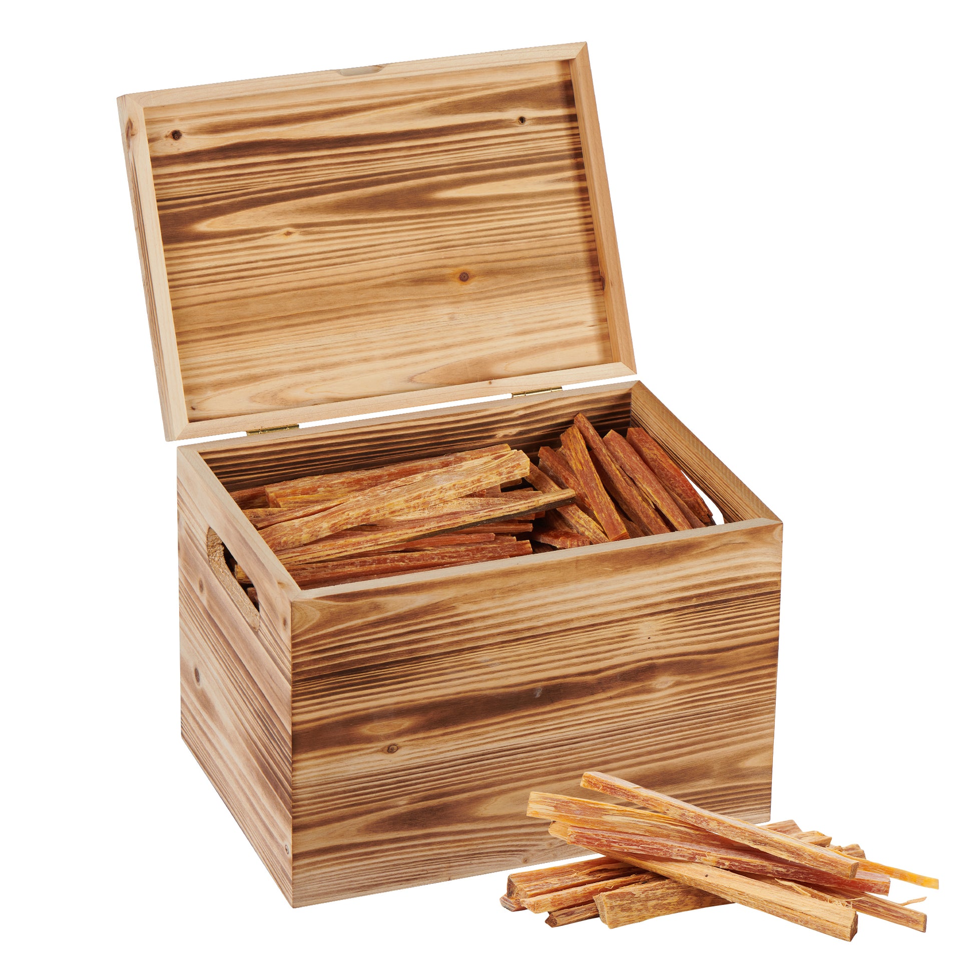 Open wooden box filled with fire starter sticks natural pine scent
