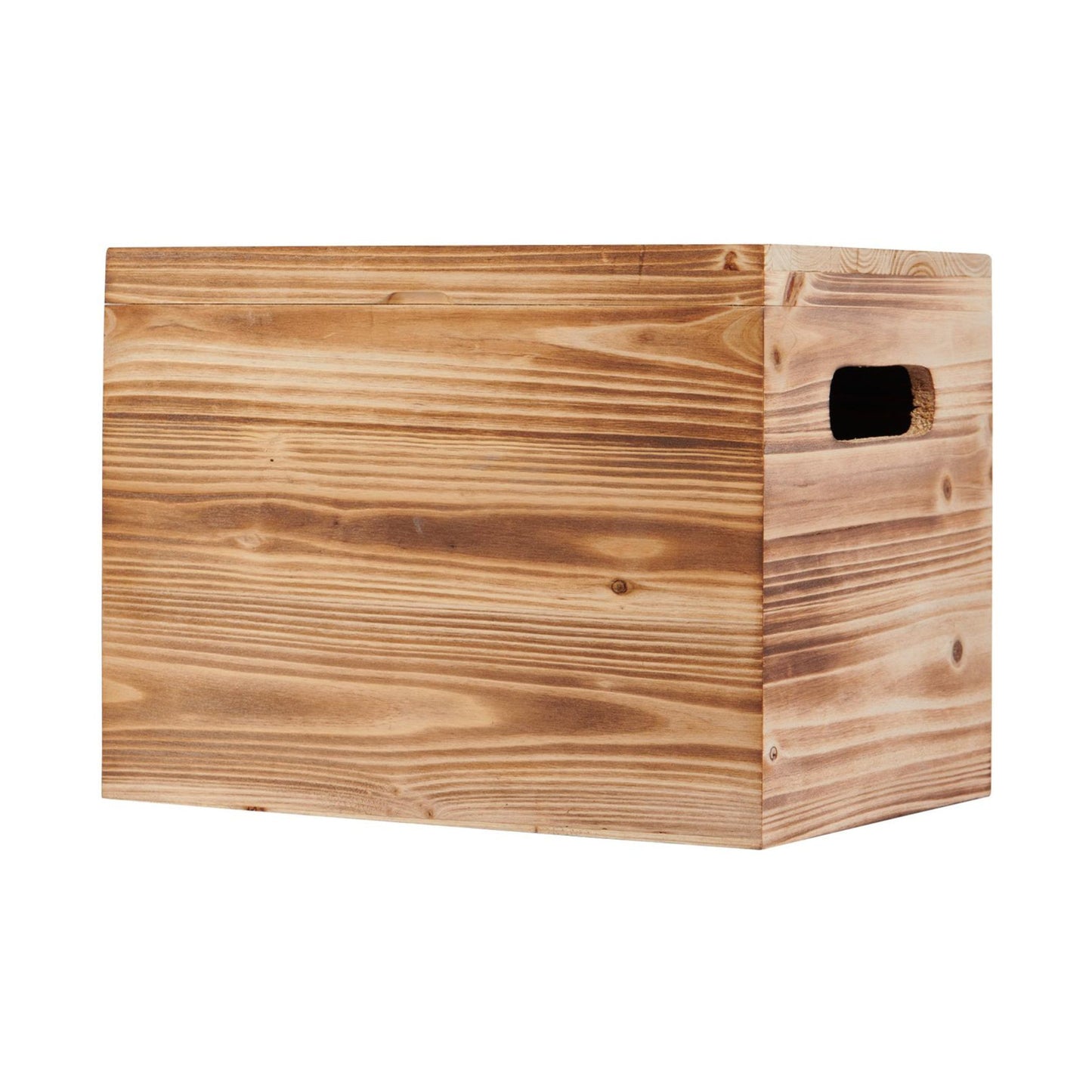 Rustic wooden storage crate with cutout handles for easy carrying and organization