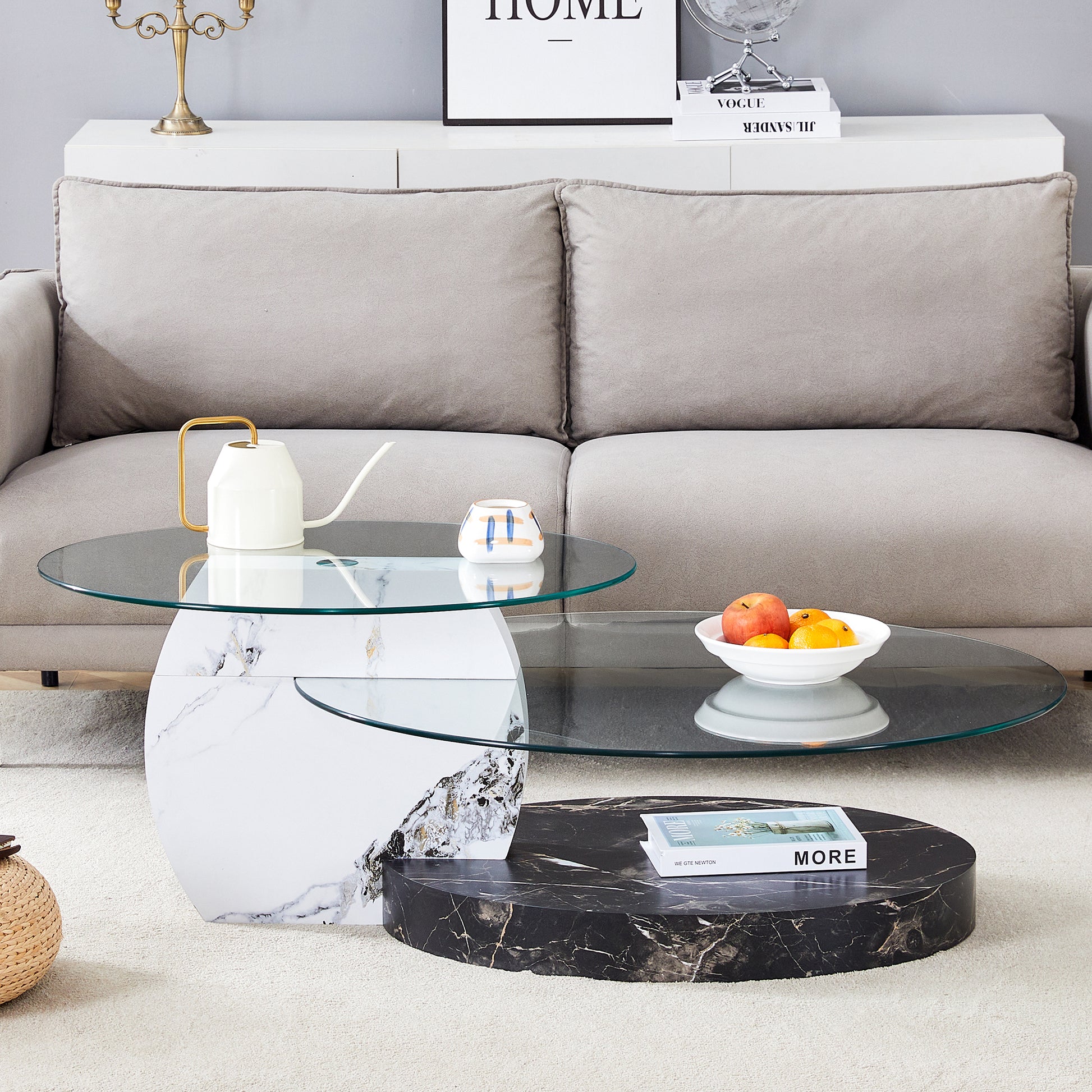 Modern marble coffee table with two glass tops and unique sculpted base