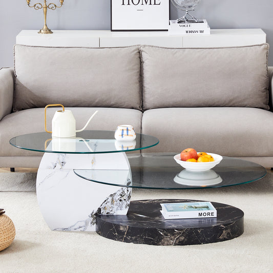Modern marble coffee table with two glass tops and unique sculpted base