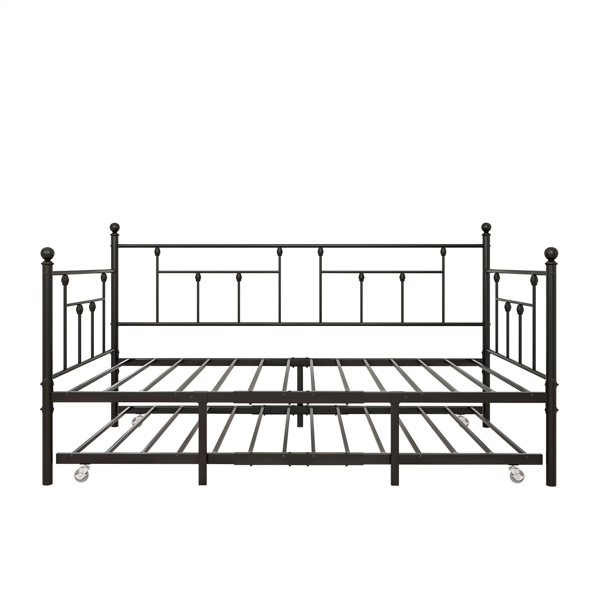Black metal daybed frame with decorative finials and pullout trundle on casters