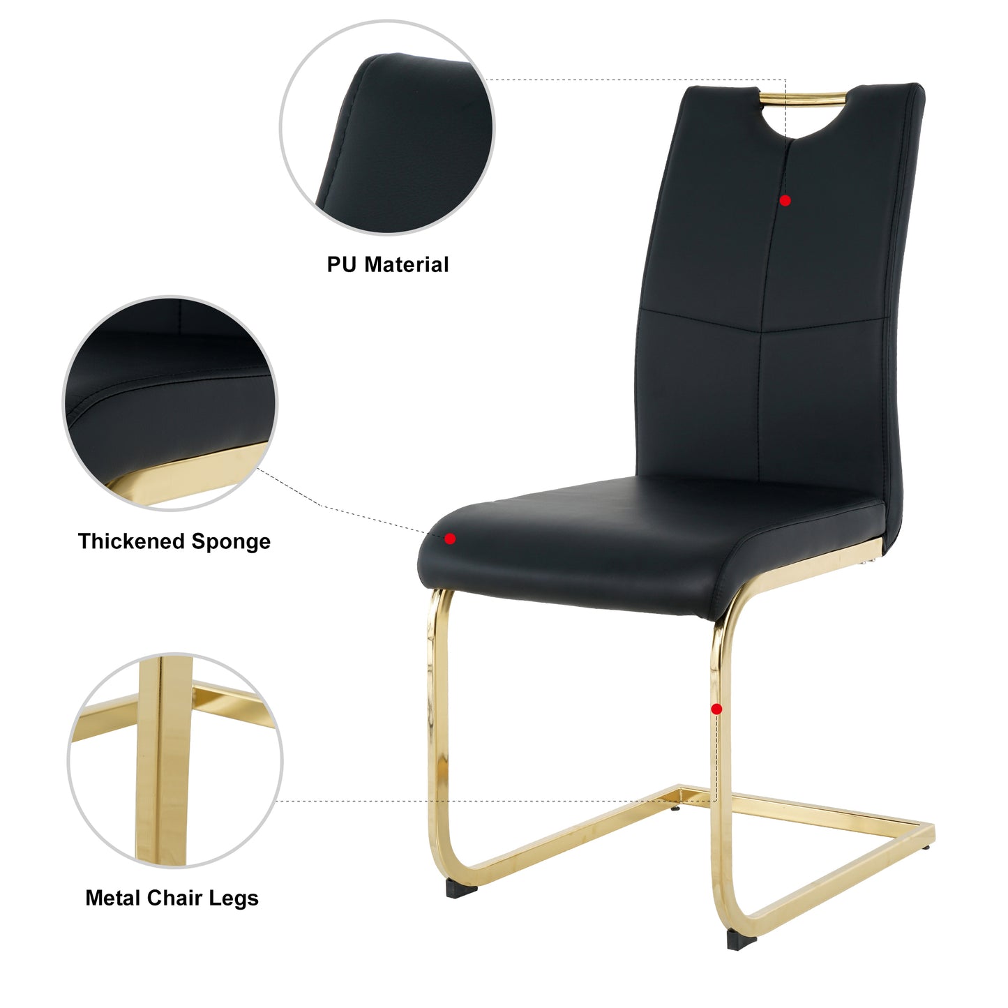 Black PU leather dining chair with thickened sponge seat and polished gold metal legs