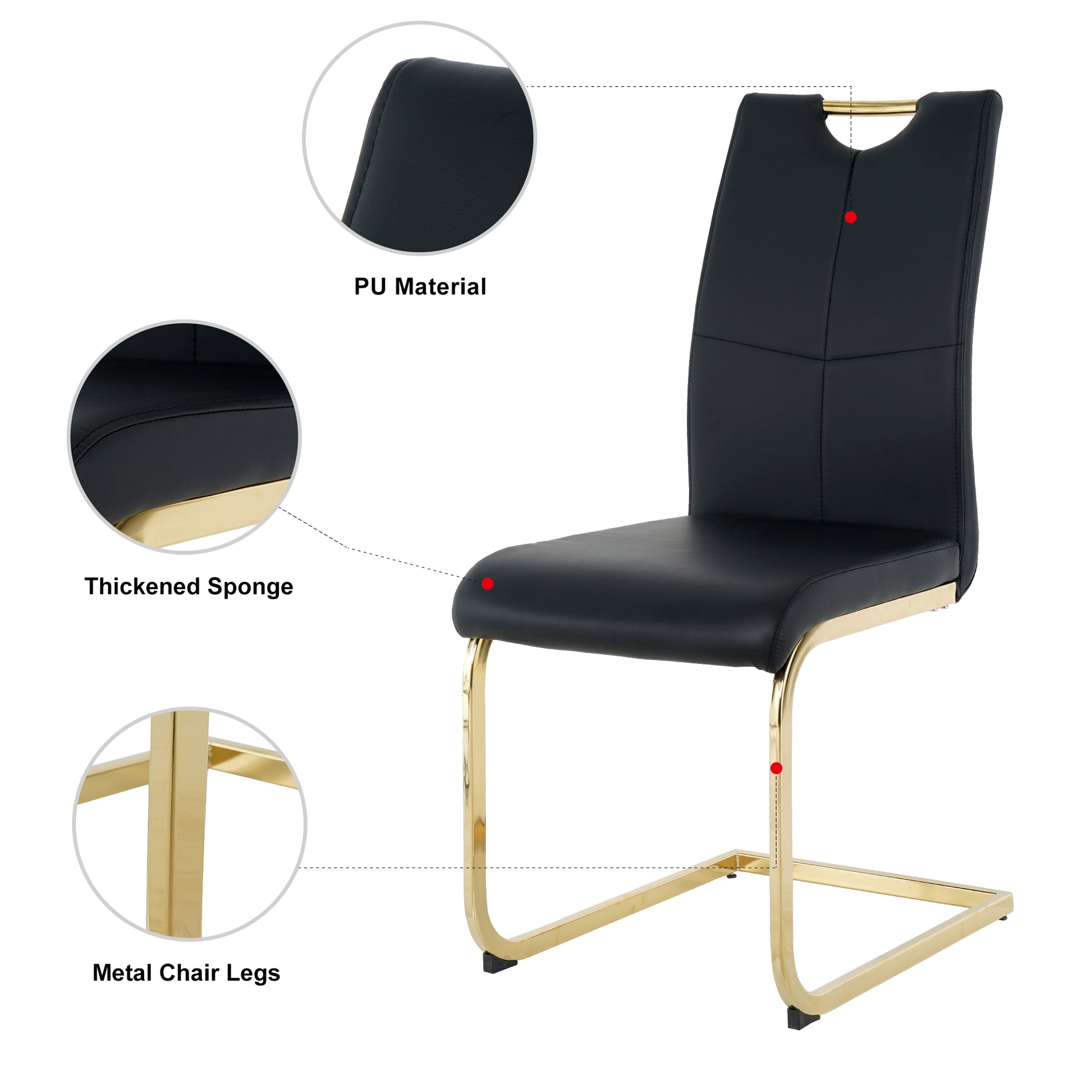 Black PU leather dining chair with thickened sponge seat and polished gold metal legs