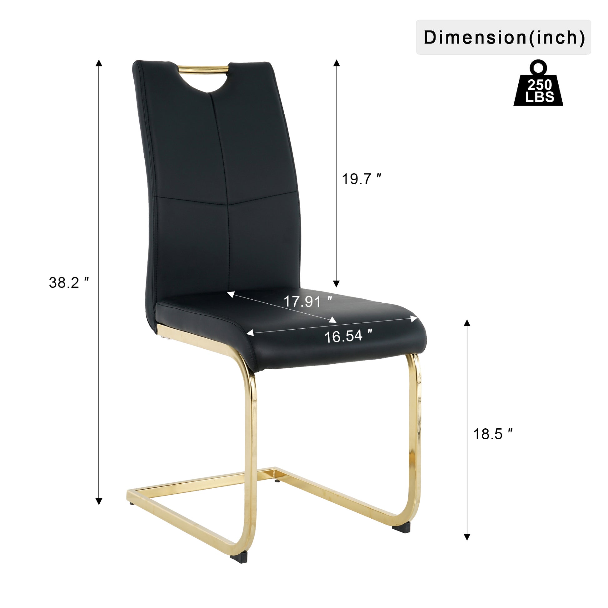 Black faux leather dining chair with gold cantilever base