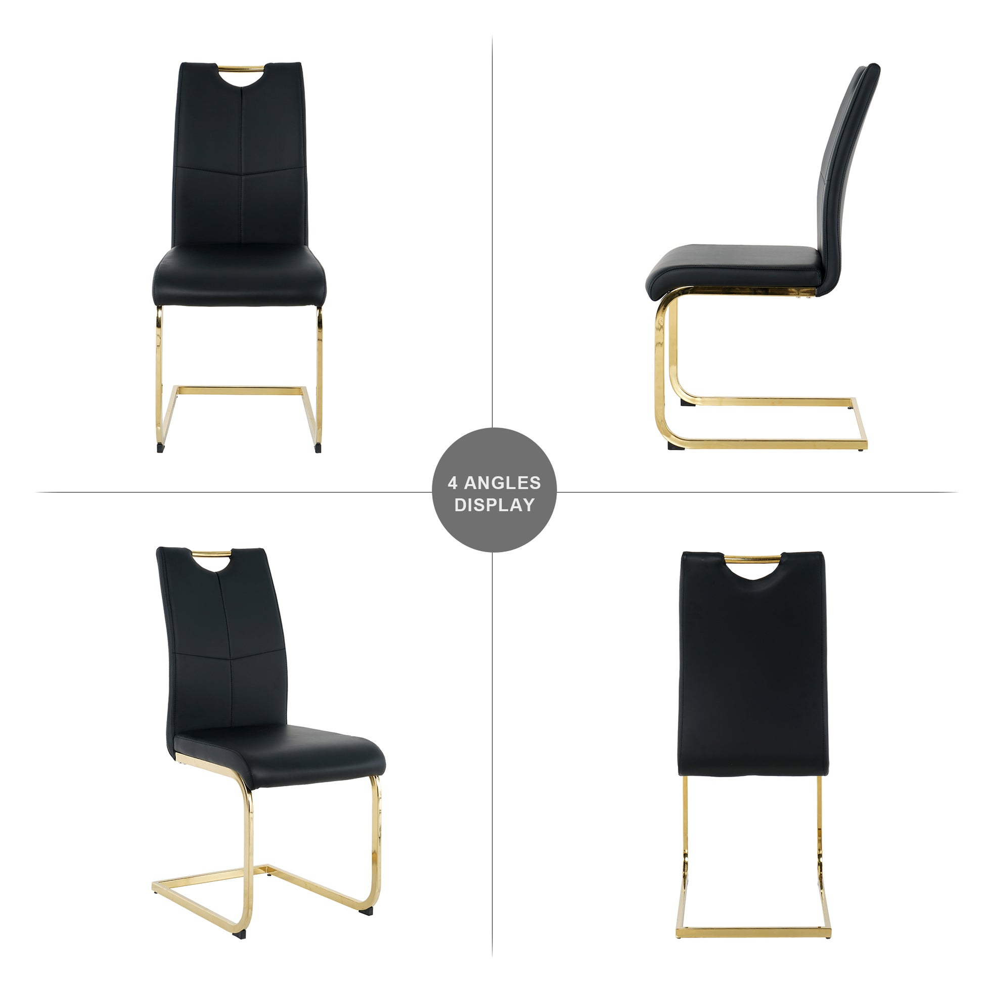 Sleek black faux leather dining chair with gold cantilever base and handle cutout