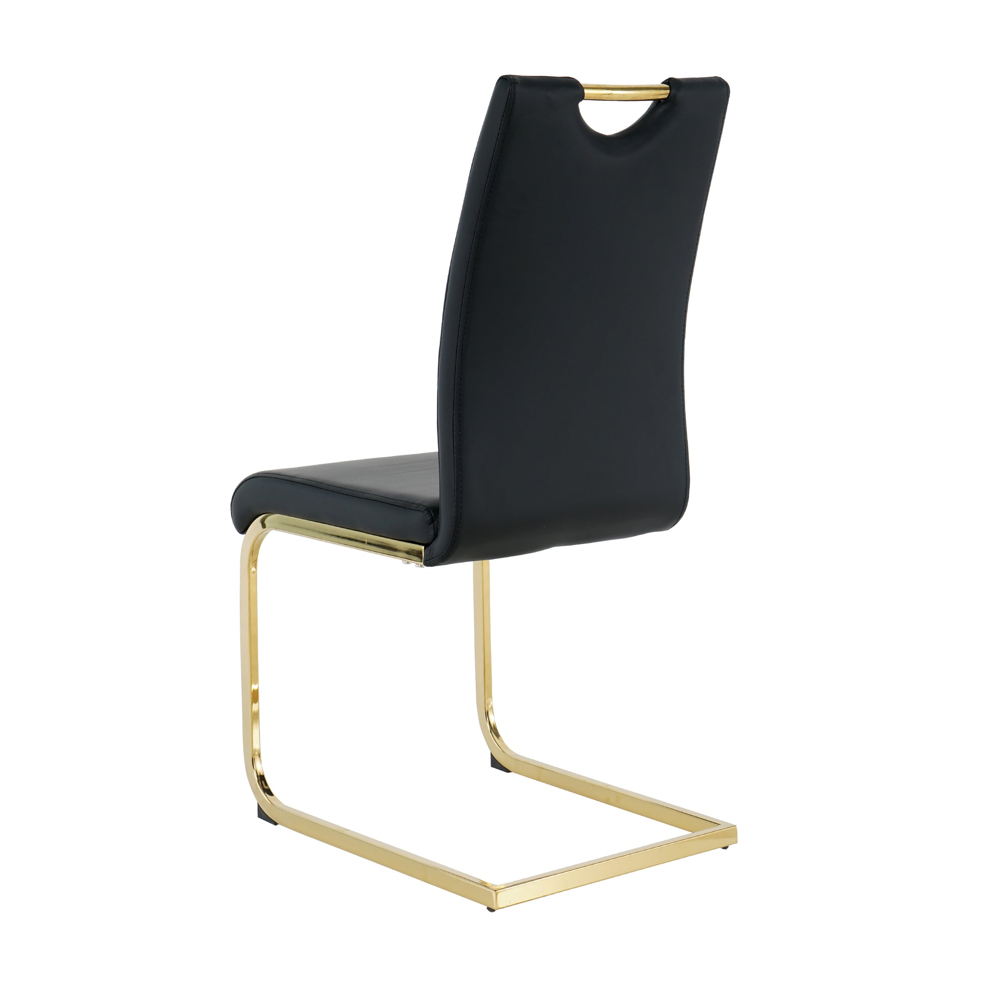Black leather dining chair with gold cantilever base and curved backrest