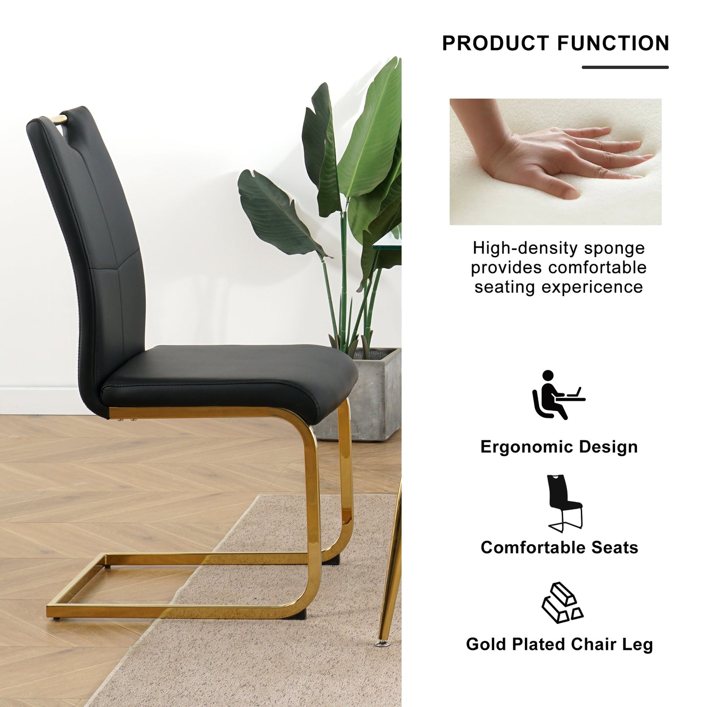 Black faux leather dining chair with gold sled legs and a curved backrest