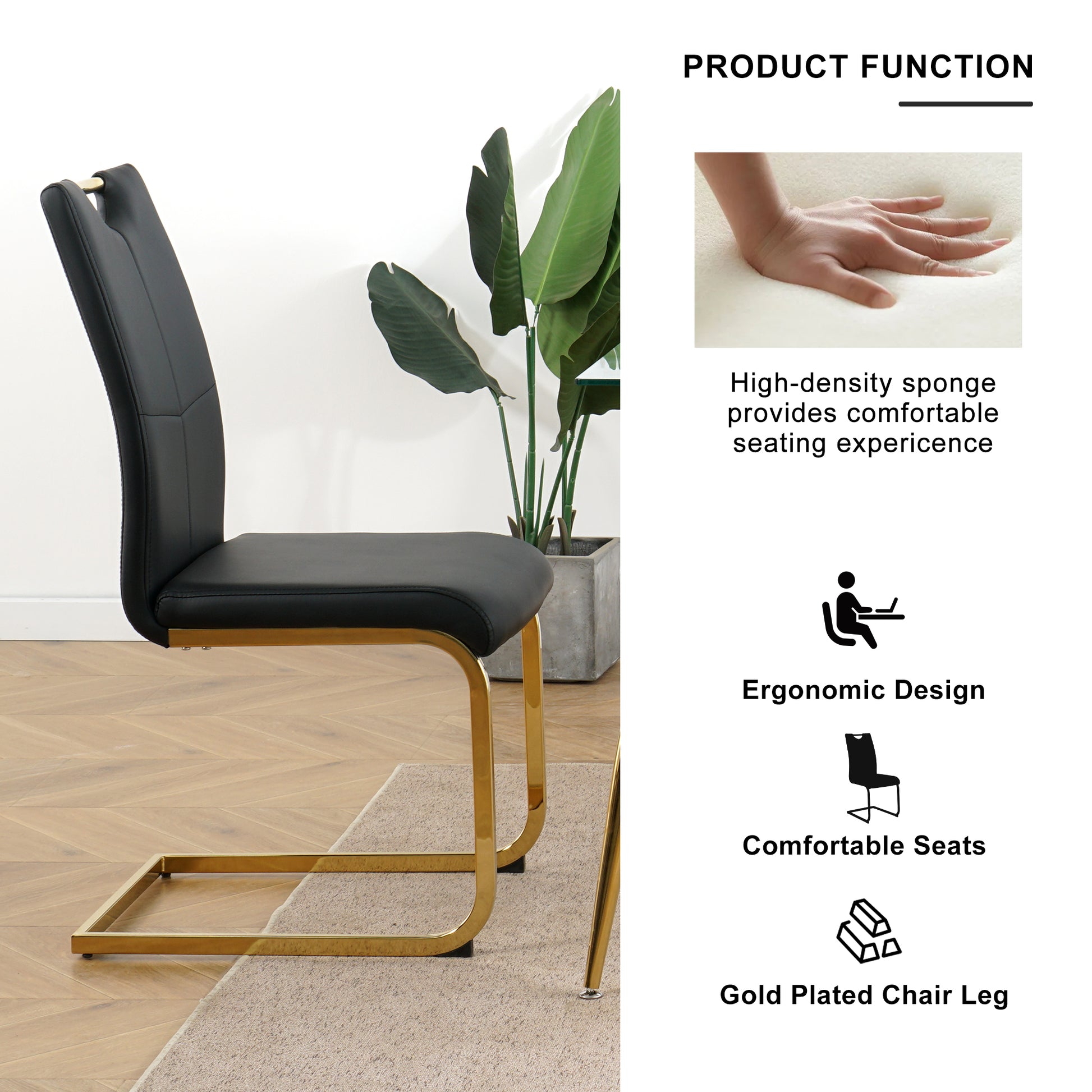 Black faux leather dining chair with gold sled legs and a curved backrest