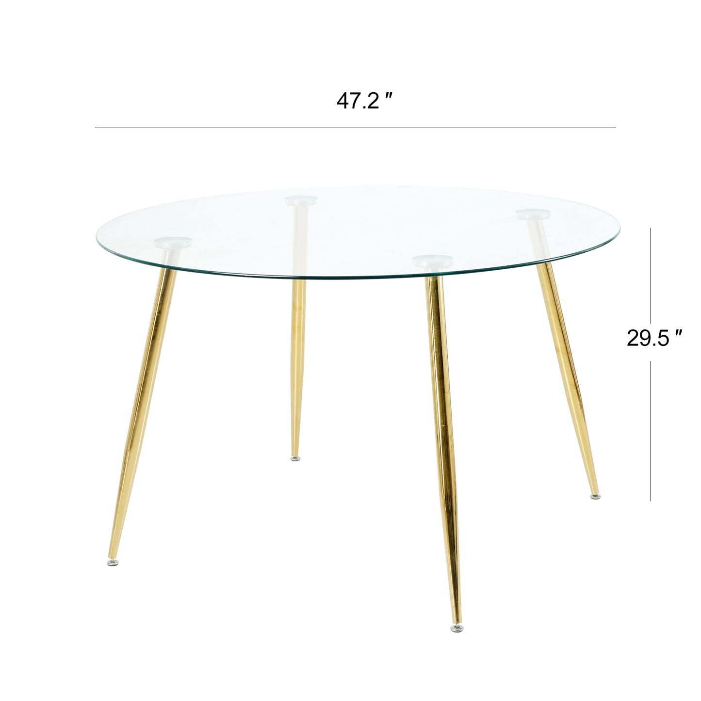 Round glass dining table with elegant gold tapered legs  diameter