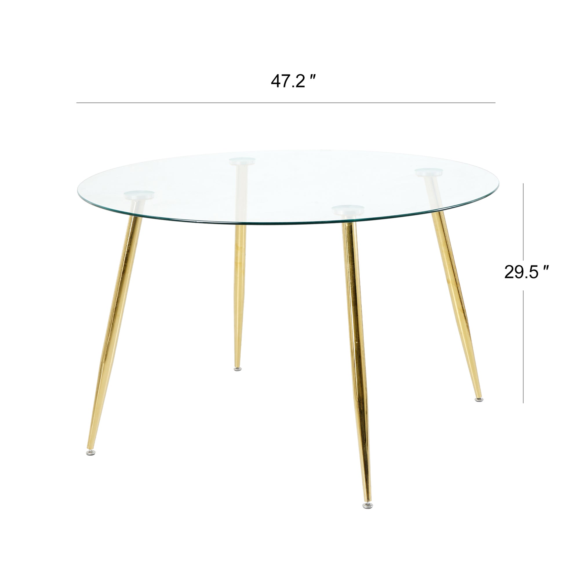Round glass dining table with elegant gold tapered legs  diameter