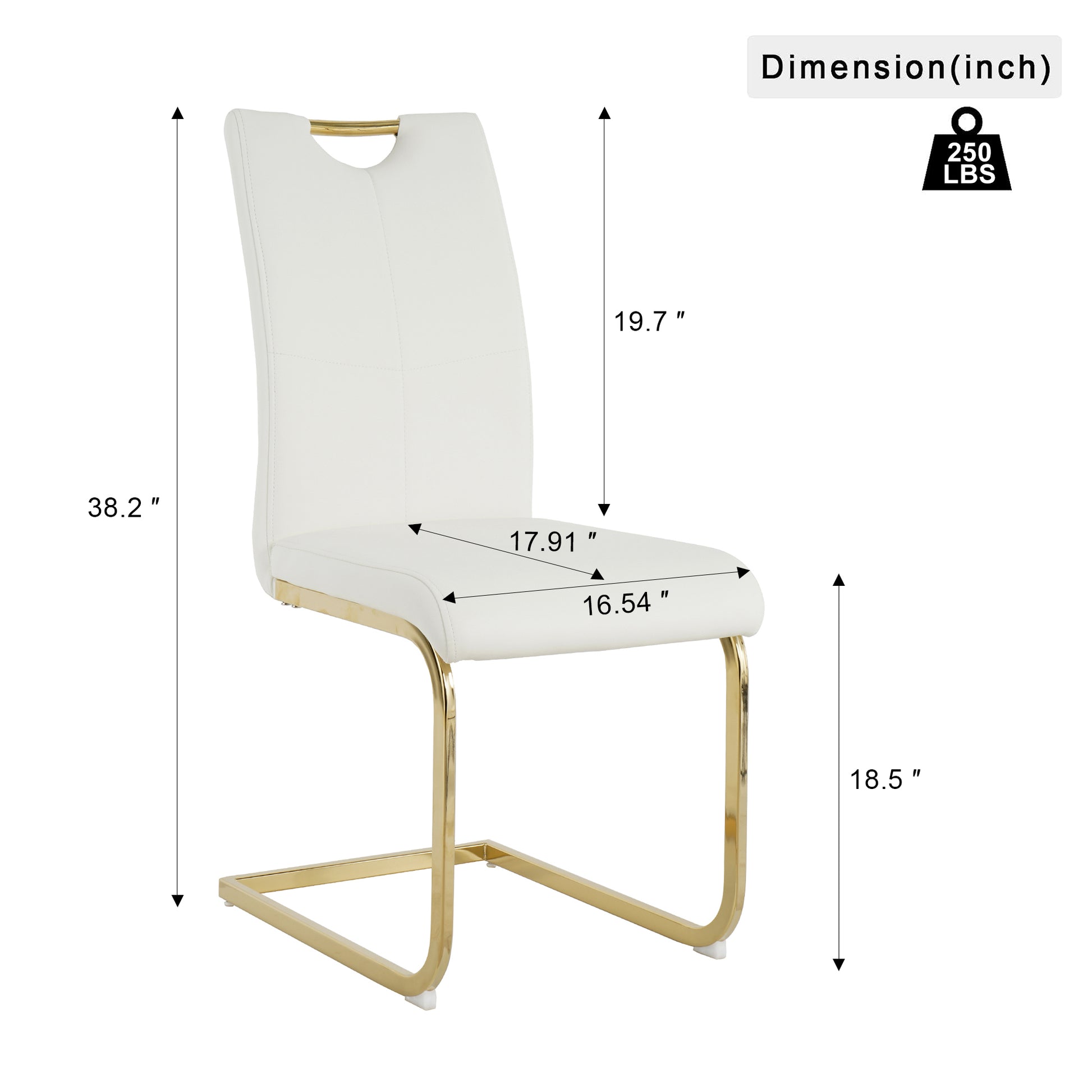 White faux leather dining chair with gold cantilever base and back handle detail