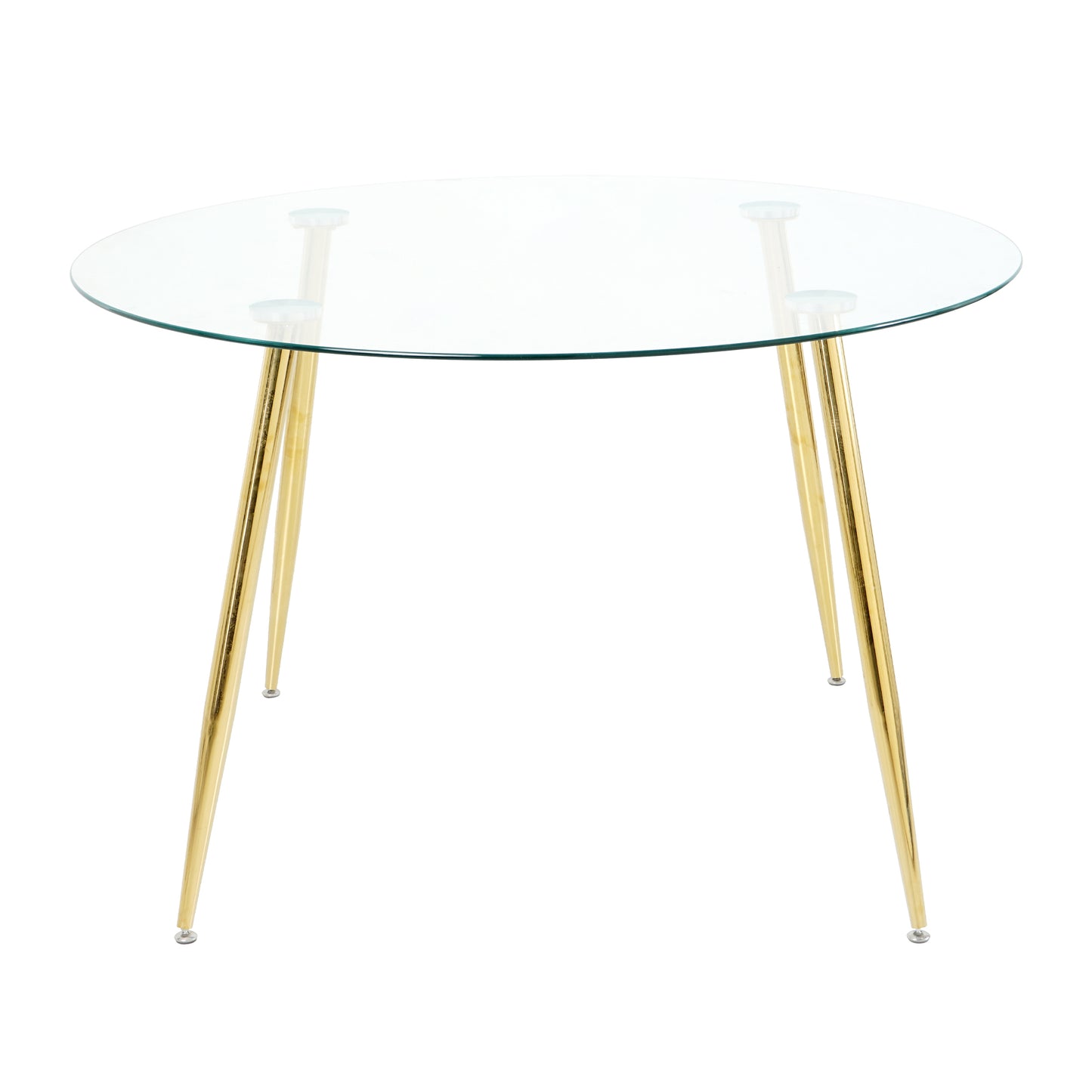Round glass dining table with sleek gold hairpin legs