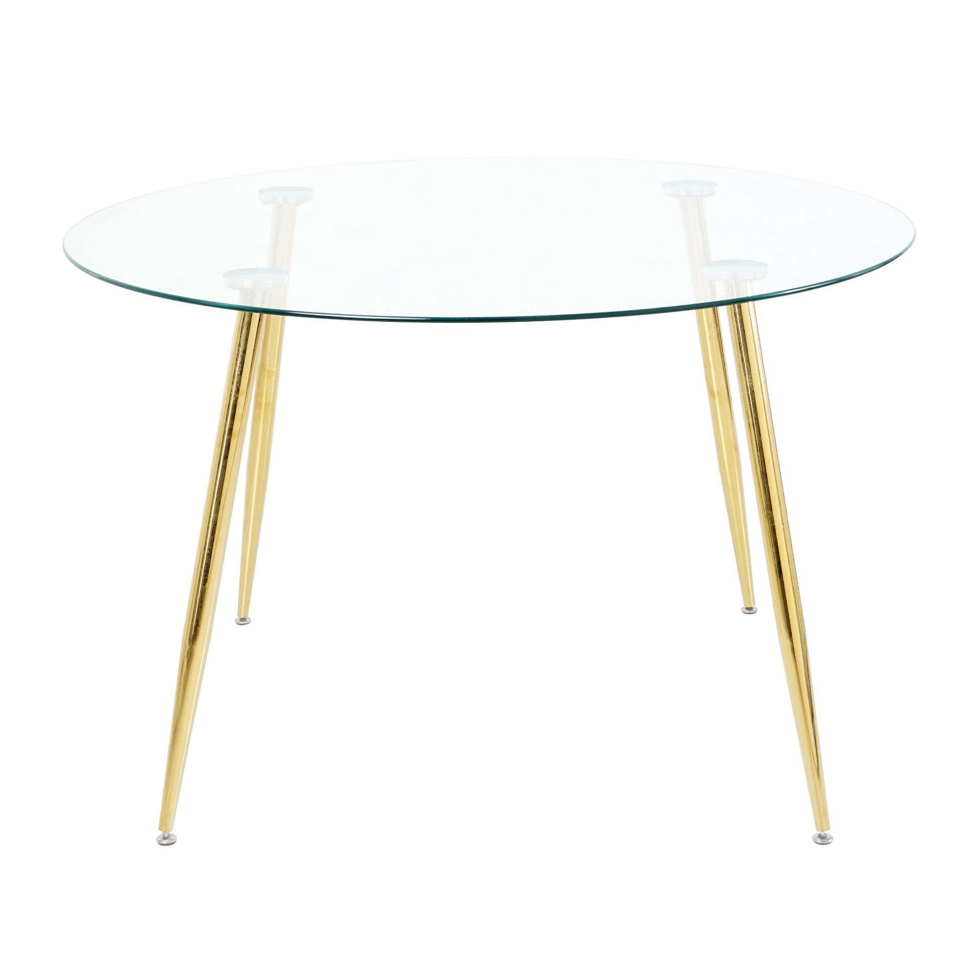 Round glass dining table with sleek gold hairpin legs