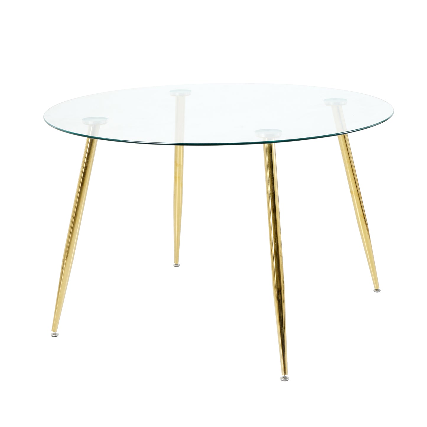 Round glass dining table with four golden metal legs