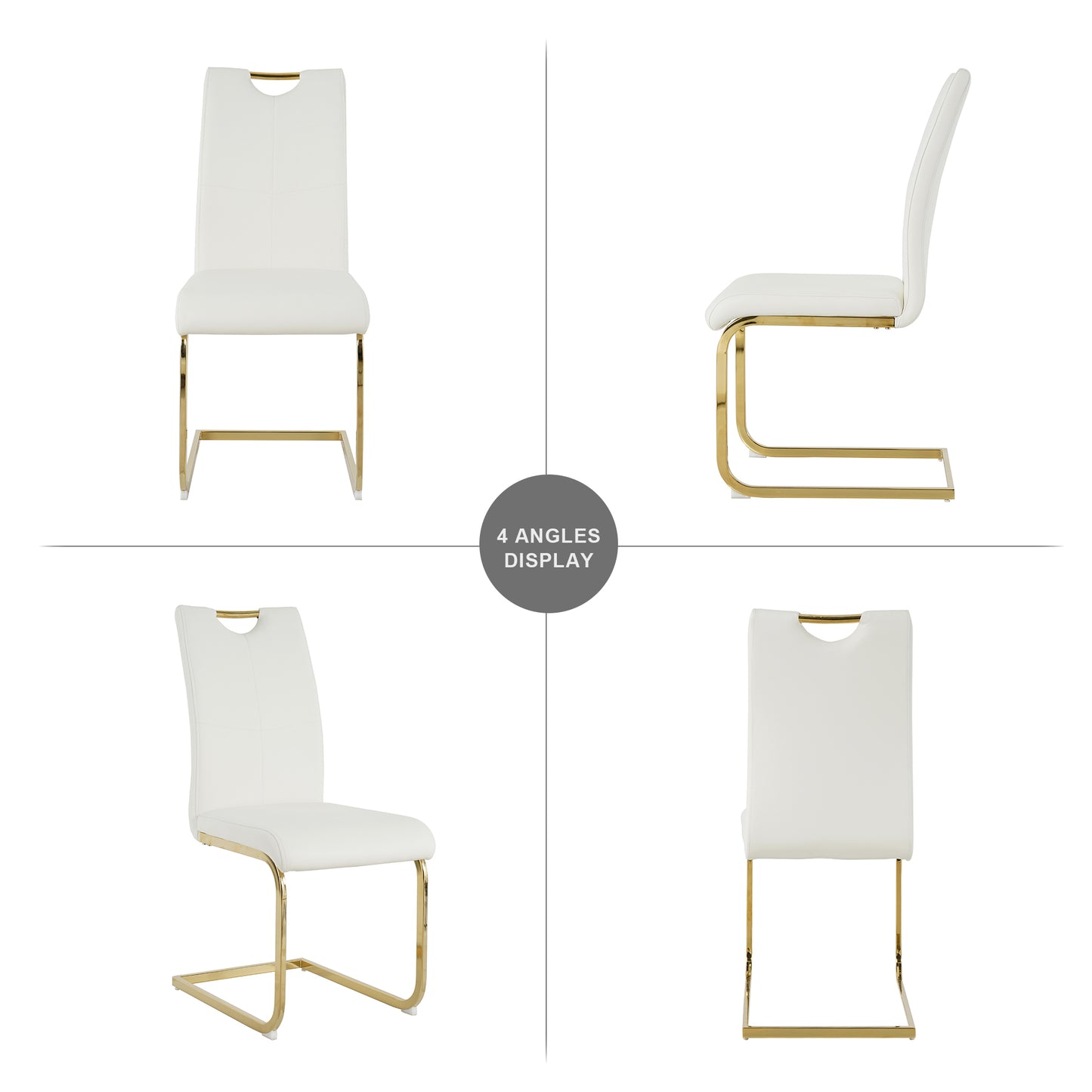 White leather dining chair with modern gold cantilever base and subtle stitching detail