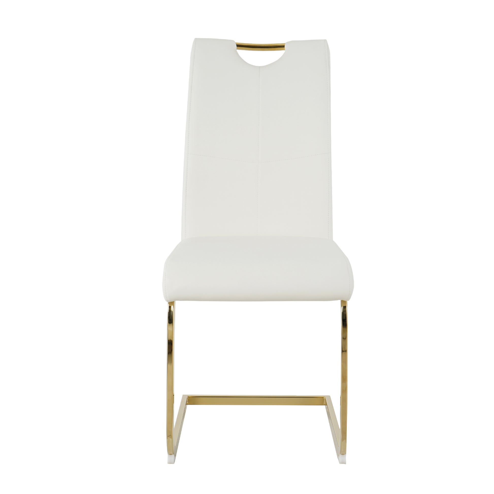 Modern white faux leather dining chair with gold metal legs