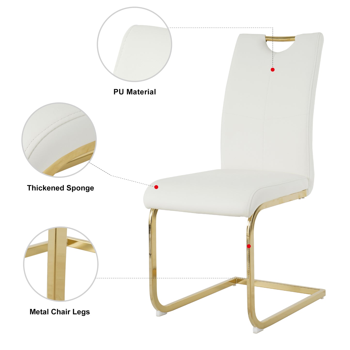 White PU leather dining chair with gold metal legs and comfortable thickened sponge padding