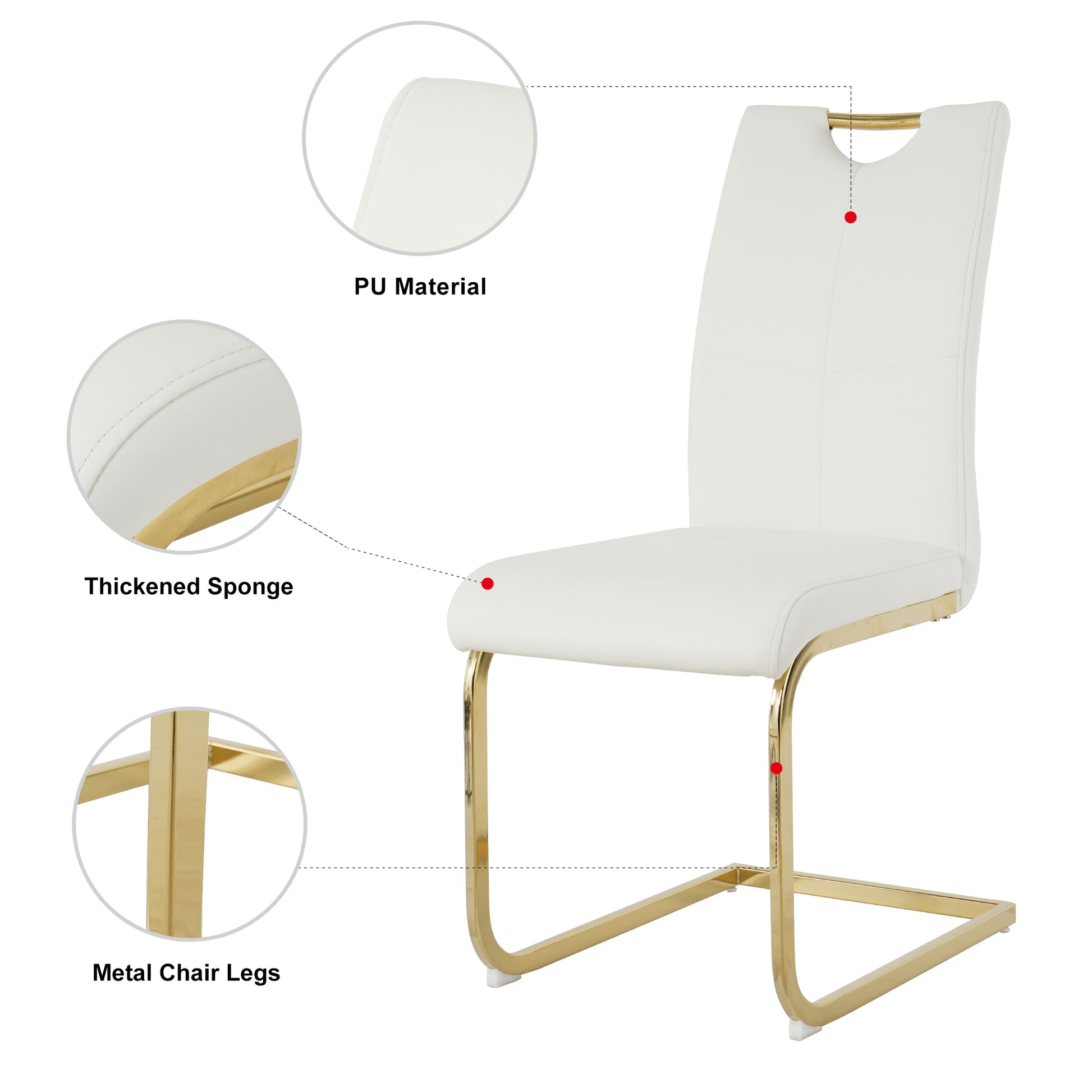 White PU leather dining chair with gold metal legs and comfortable thickened sponge padding