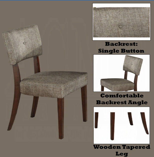 Textured grey upholstered dining chair with single button detail and dark wooden legs