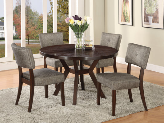 Dark wood round dining table with four gray upholstered chairs perfect for small spaces