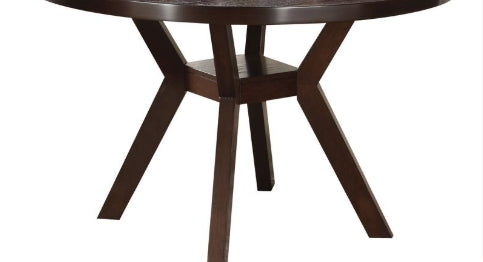 Dark wood round dining table with a unique Xshaped base perfect for modern kitchens