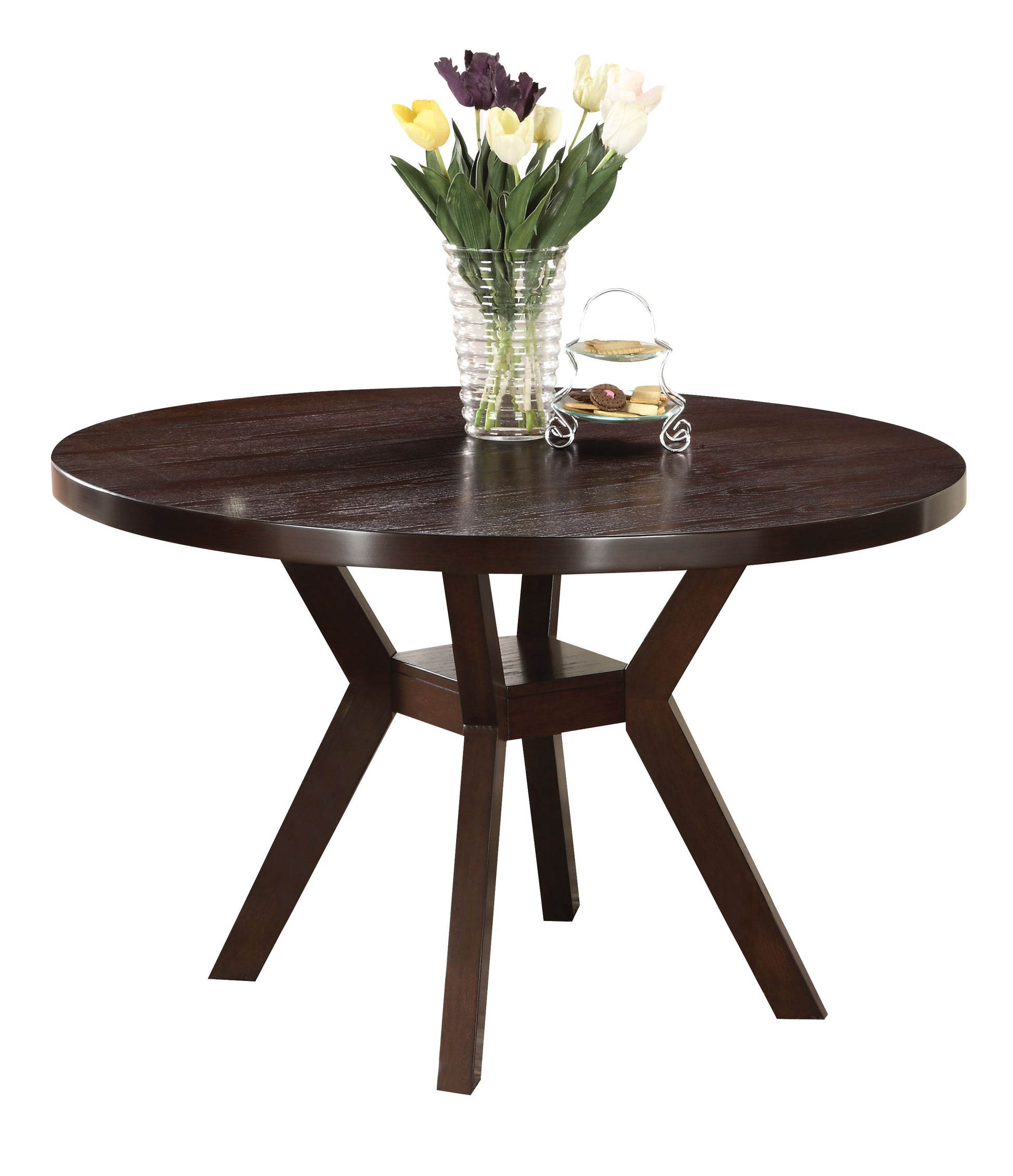 Dark wood round dining table with Xshaped pedestal base