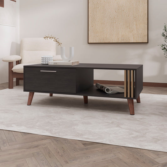 Dark wood coffee table with tapered legs and a single drawer on the left perfect for living rooms