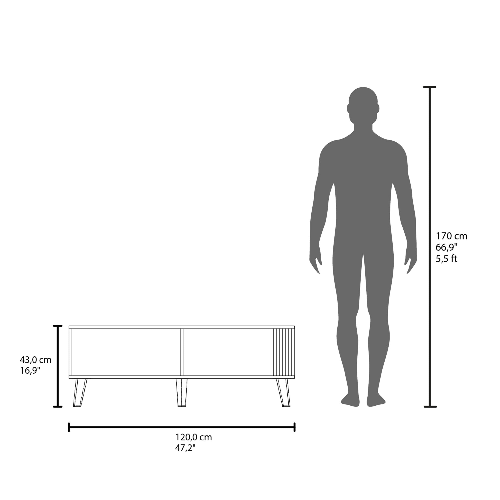 Line drawing of a low minimalist media console with tapered legs for scale comparison