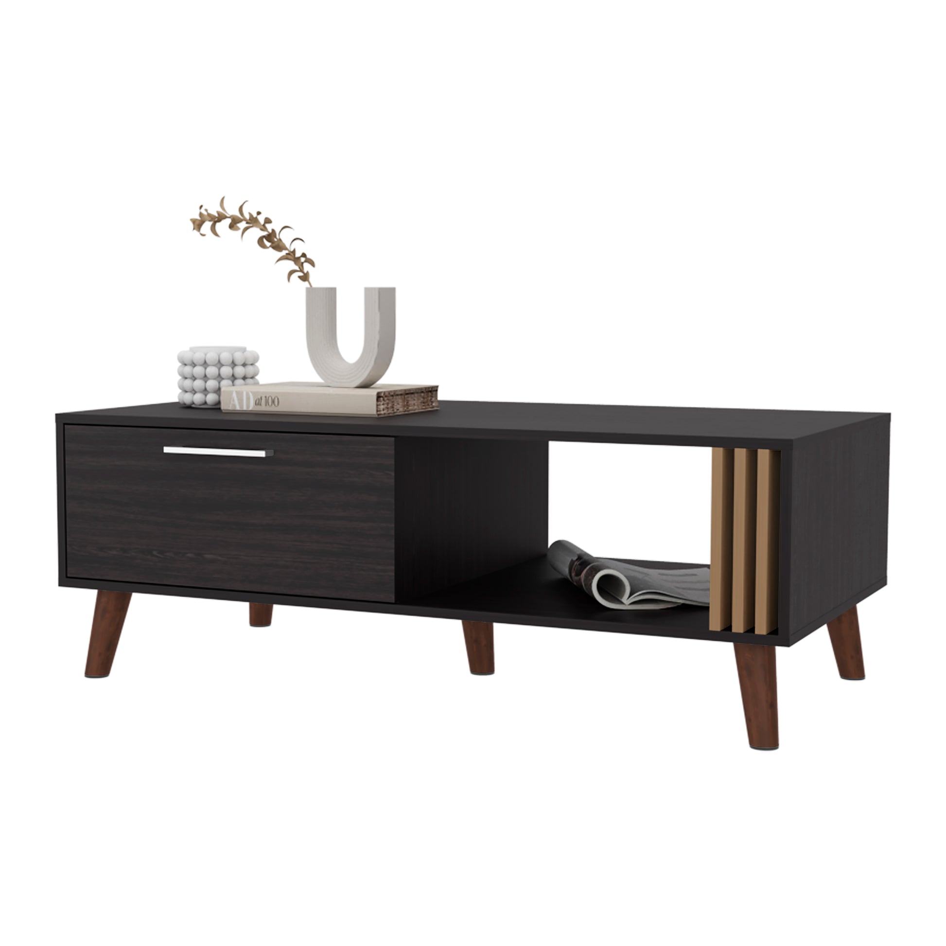 Dark espresso wood media console with tapered legs and open shelving