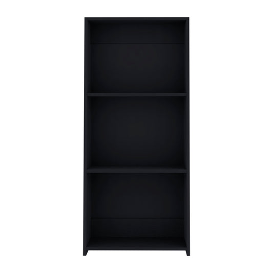 Sleek black minimalist bookcase with three open shelves ideal for modern living spaces