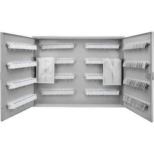 Grey metal key cabinet with  numbered hooks and organized key tags for secure storage