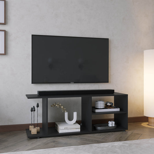 Sleek black TV stand with modern minimalist design featuring open shelves for media storage