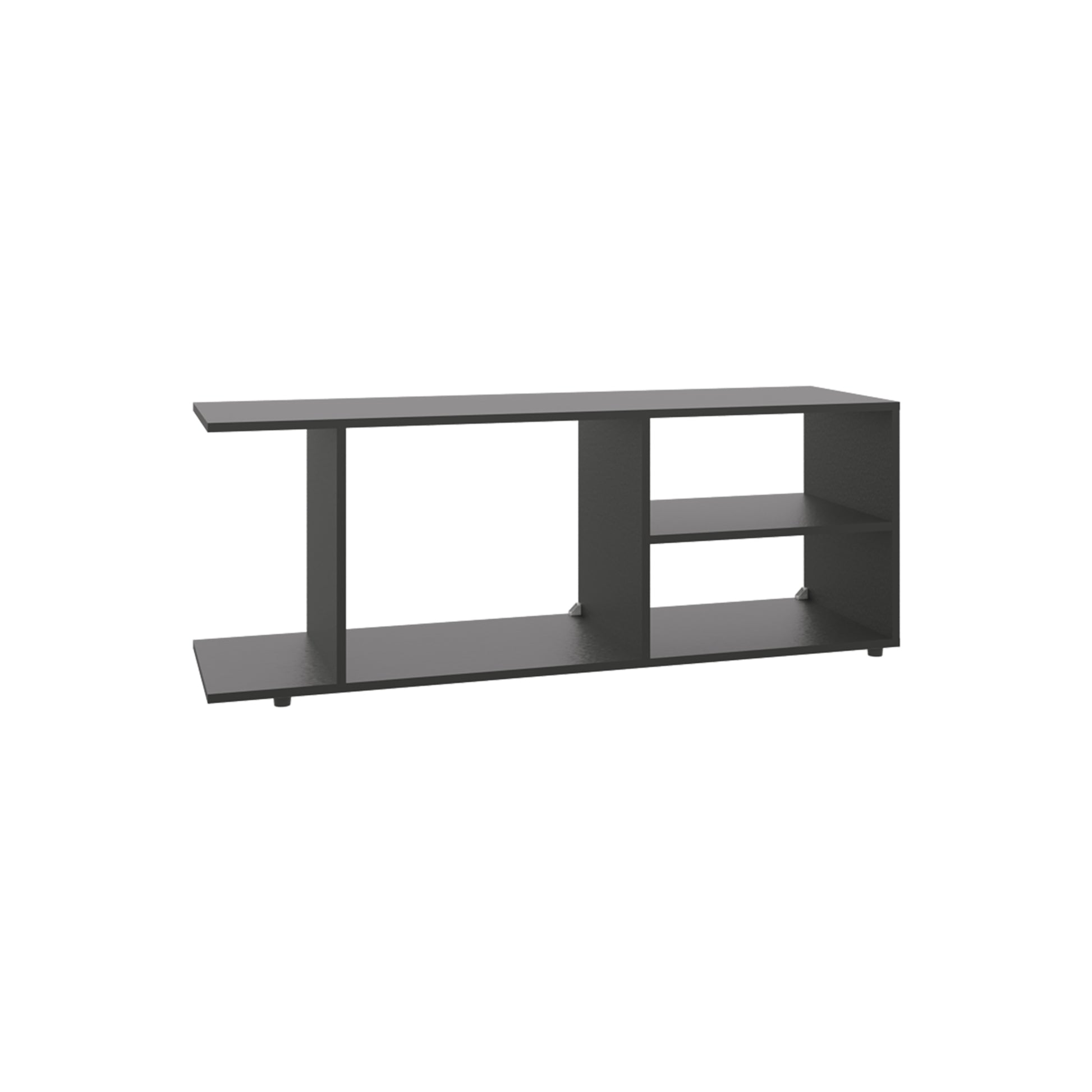 Modern dark gray TV stand with open shelving for media consoles