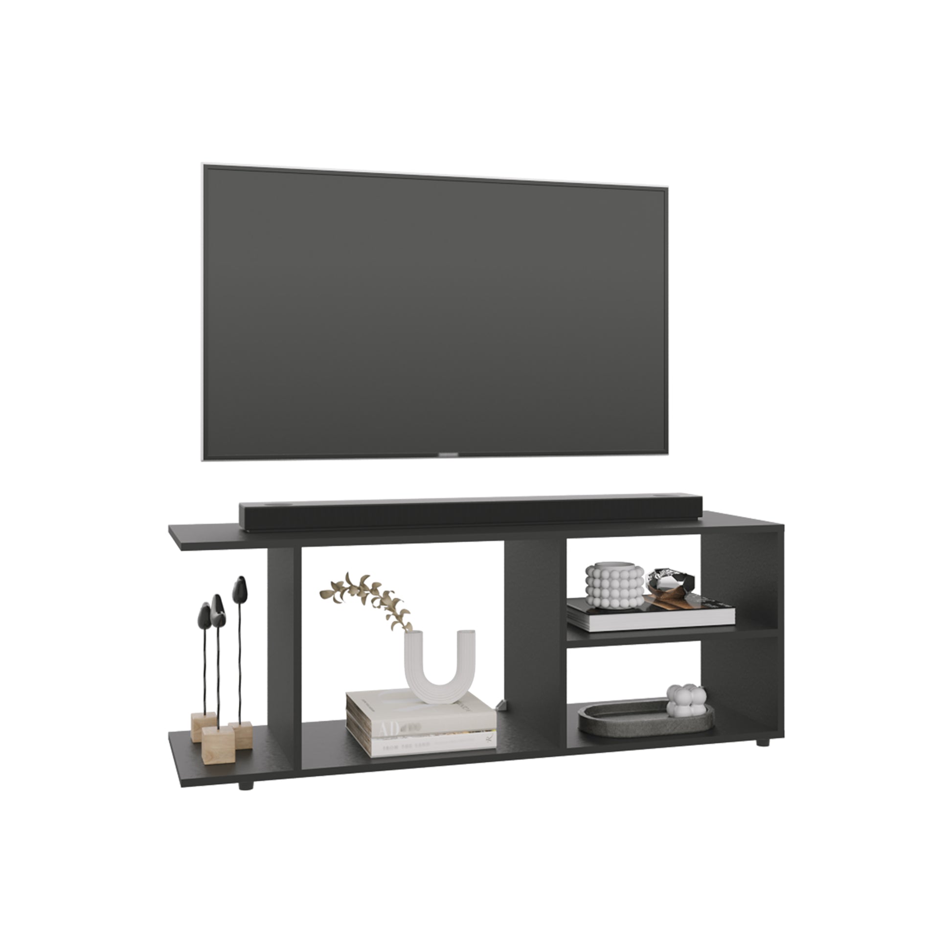 Dark gray modern tv stand with soundbar and decorative items