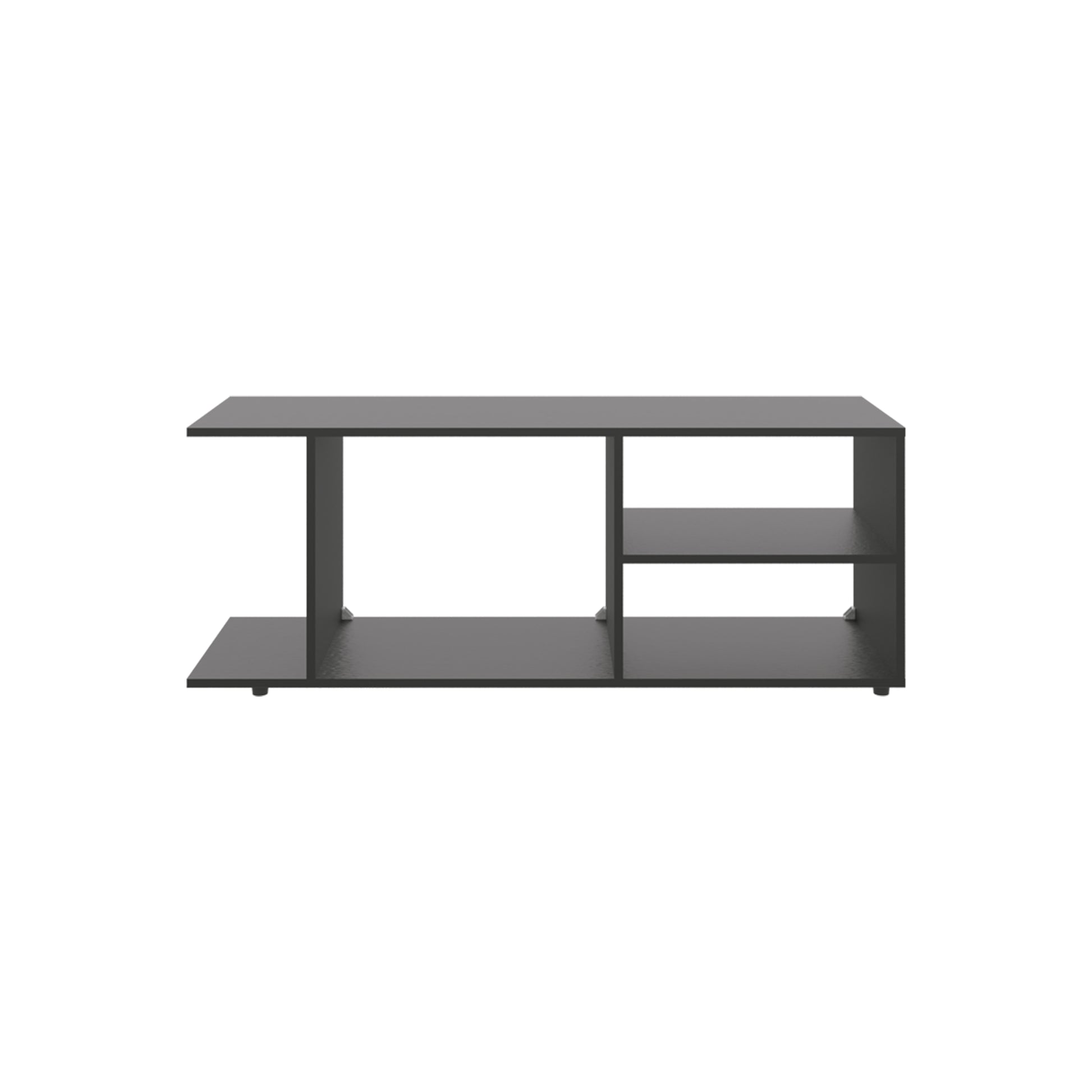 Dark gray modern media console with open shelves for media storage